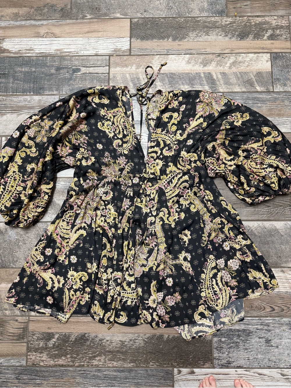 Free People Black Paisley Floral Midi Dress with Puff Sleeves